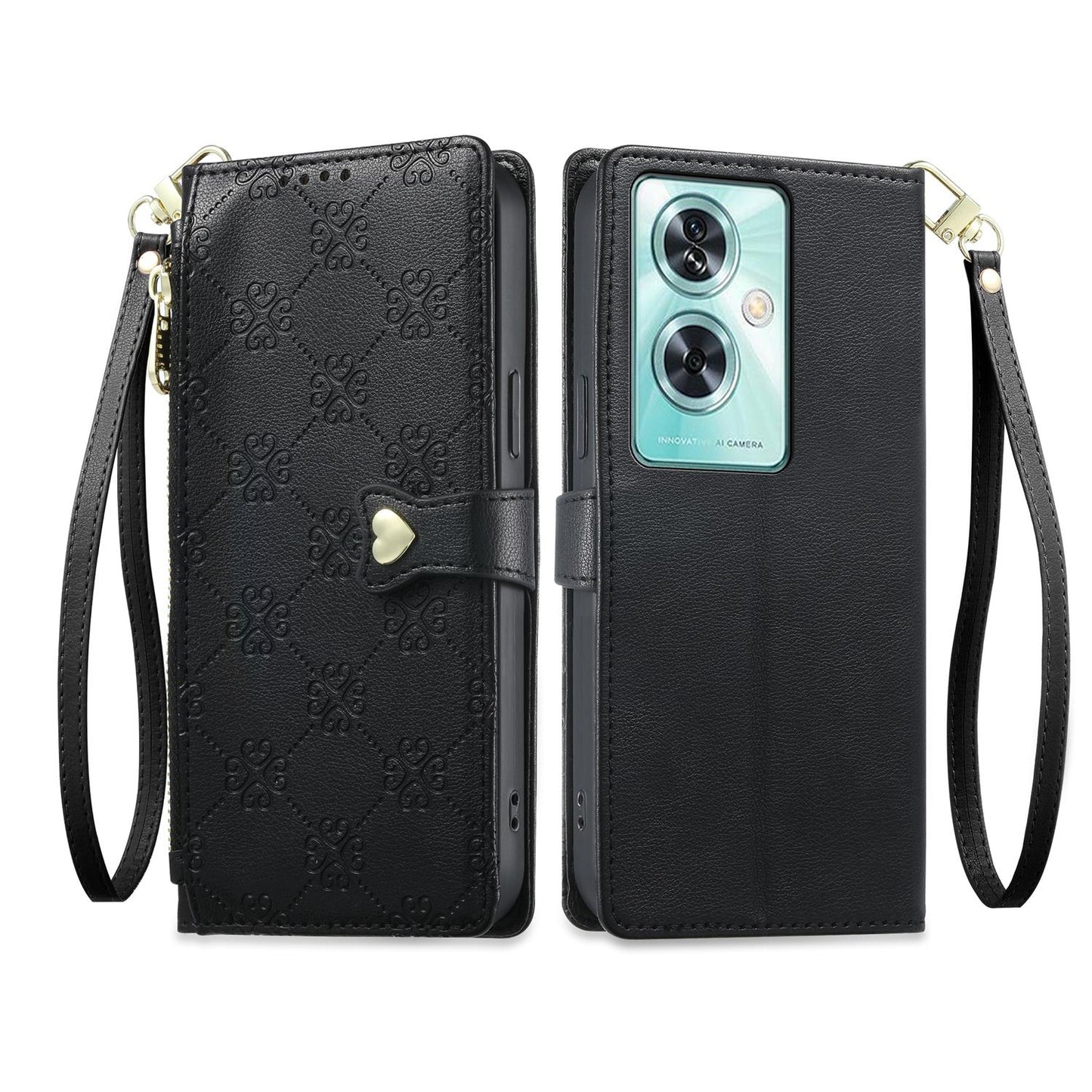 For OnePlus Nord N30 SE Zipper Wallet Heart Buckle Vegan Leather Phone Case with Wrist Strap(Black)