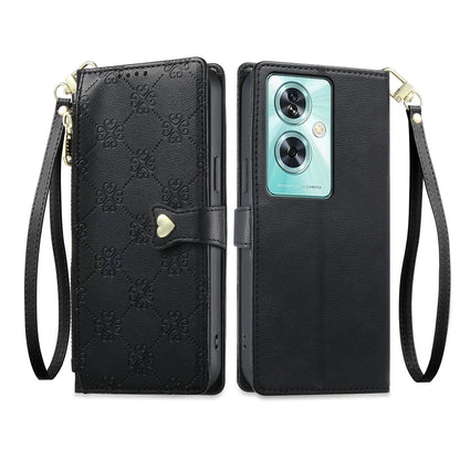 For OnePlus Nord N30 SE Zipper Wallet Heart Buckle Vegan Leather Phone Case with Wrist Strap(Black)