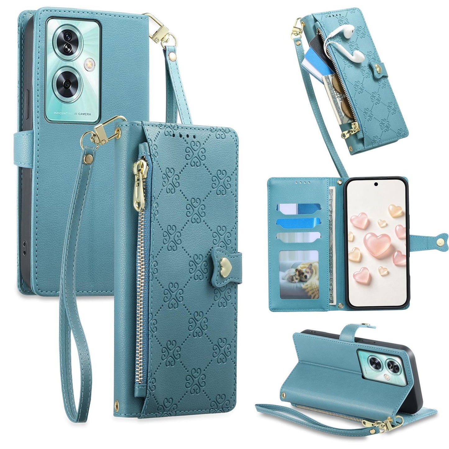 For OnePlus Nord N30 SE Zipper Wallet Heart Buckle Vegan Leather Phone Case with Wrist Strap(Lake Blue)