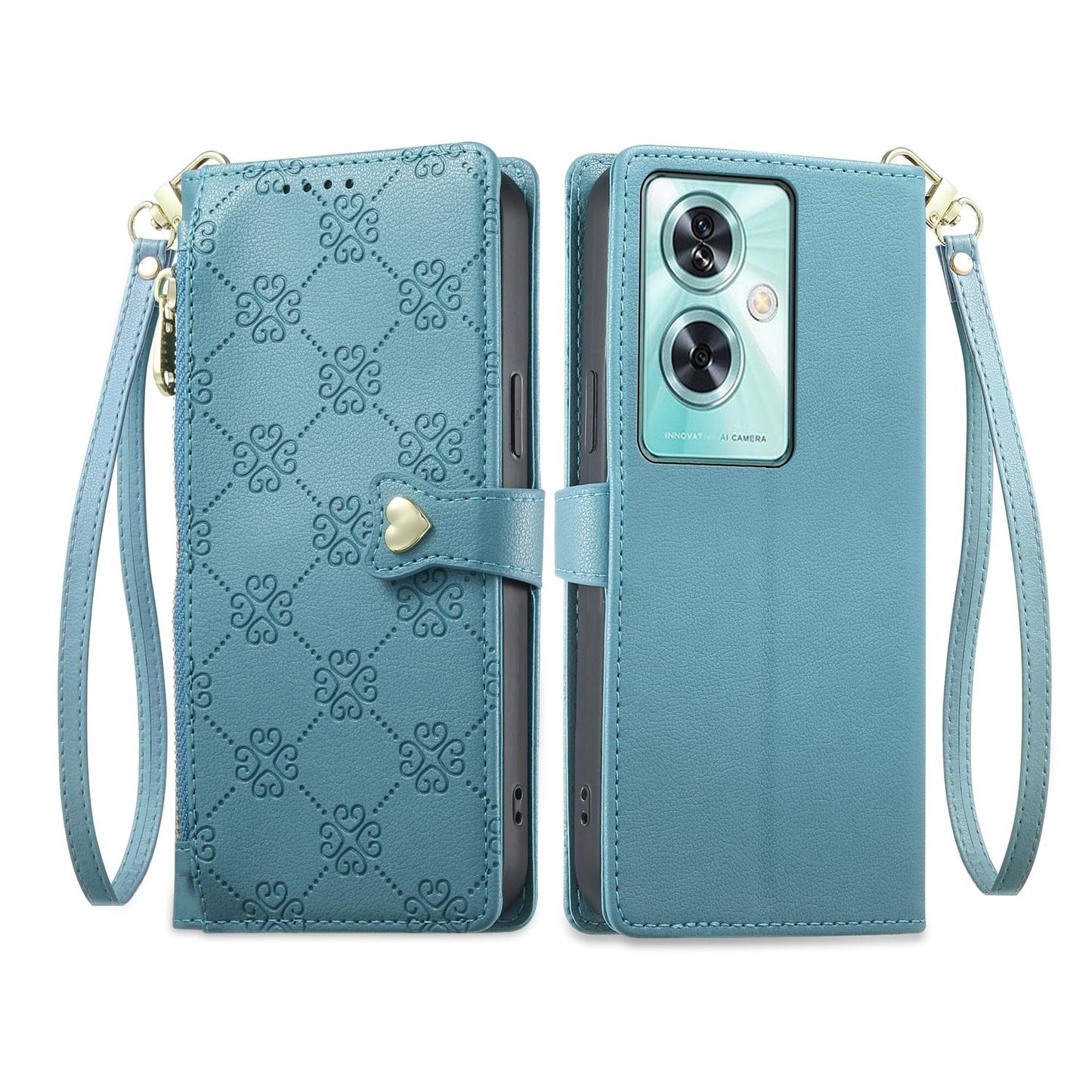 For OnePlus Nord N30 SE Zipper Wallet Heart Buckle Vegan Leather Phone Case with Wrist Strap(Lake Blue)