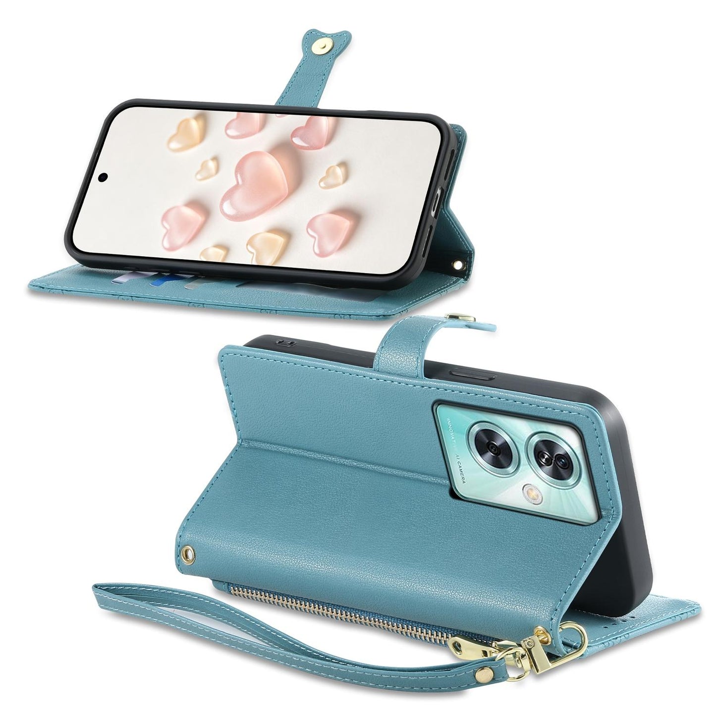 For OnePlus Nord N30 SE Zipper Wallet Heart Buckle Vegan Leather Phone Case with Wrist Strap(Lake Blue)