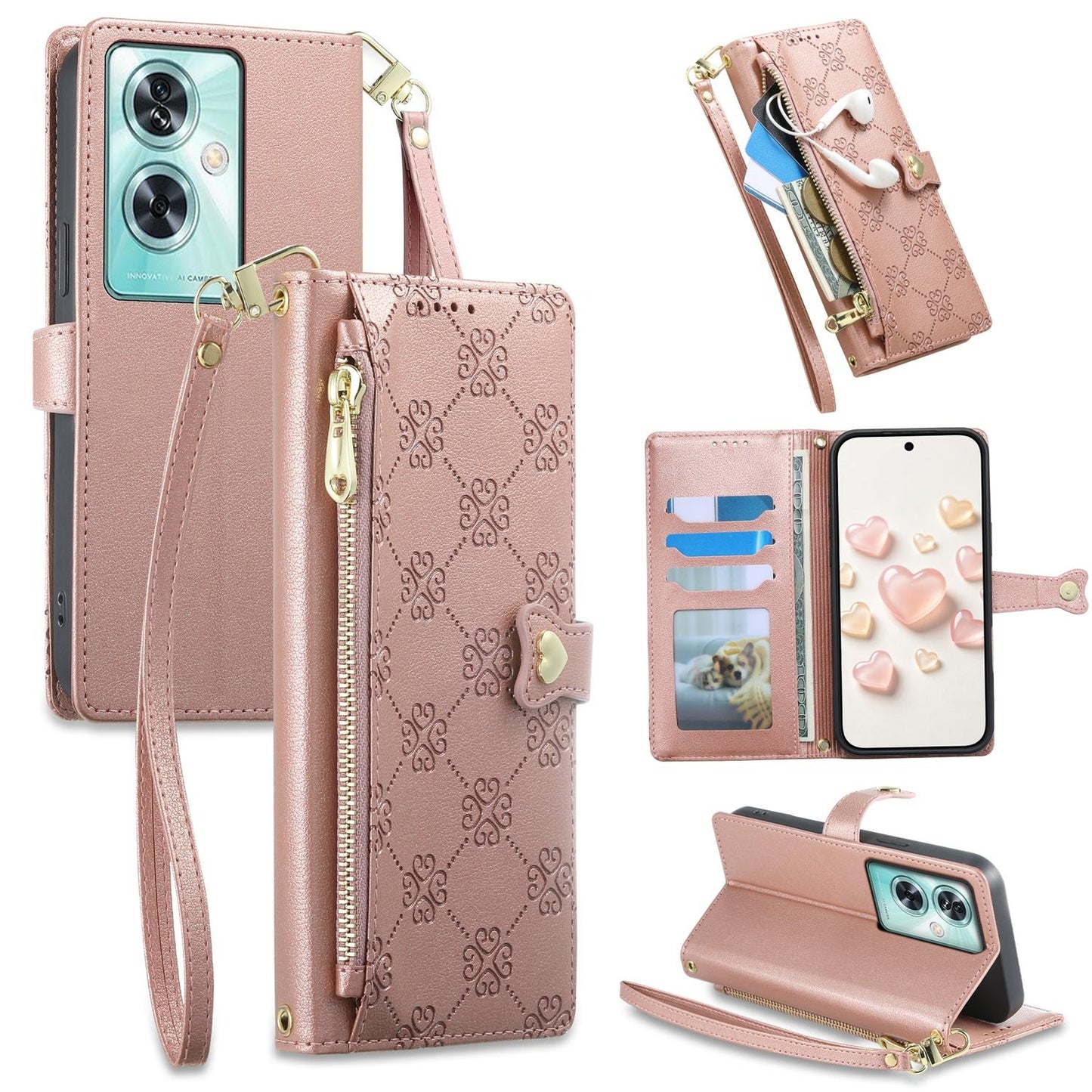 For OnePlus Nord N30 SE Zipper Wallet Heart Buckle Vegan Leather Phone Case with Wrist Strap(Pink)