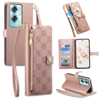 For OnePlus Nord N30 SE Zipper Wallet Heart Buckle Vegan Leather Phone Case with Wrist Strap(Pink)