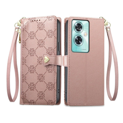 For OnePlus Nord N30 SE Zipper Wallet Heart Buckle Vegan Leather Phone Case with Wrist Strap(Pink)