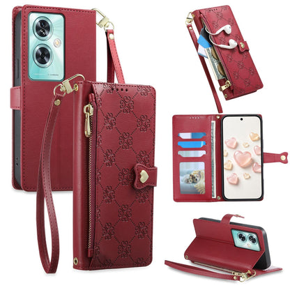 For OnePlus Nord N30 SE Zipper Wallet Heart Buckle Vegan Leather Phone Case with Wrist Strap(Red)