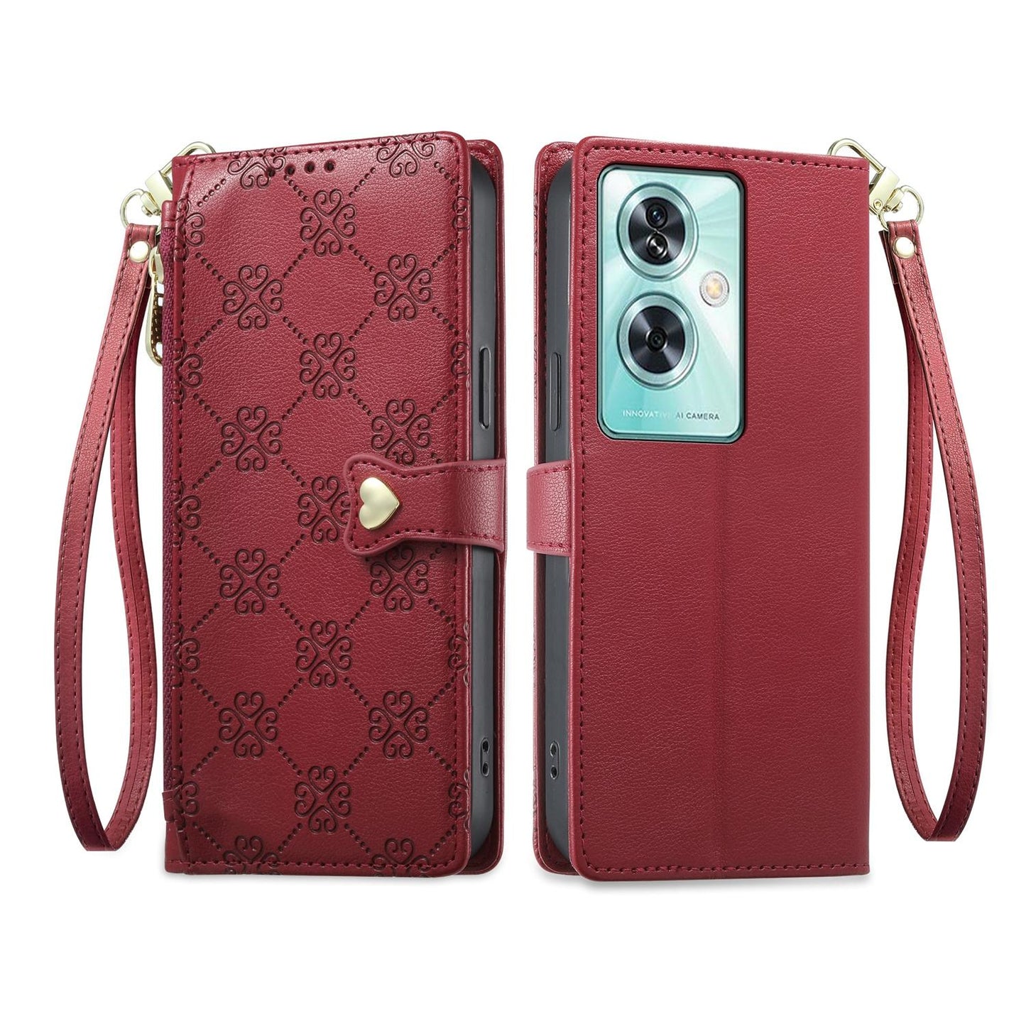 For OnePlus Nord N30 SE Zipper Wallet Heart Buckle Vegan Leather Phone Case with Wrist Strap(Red)