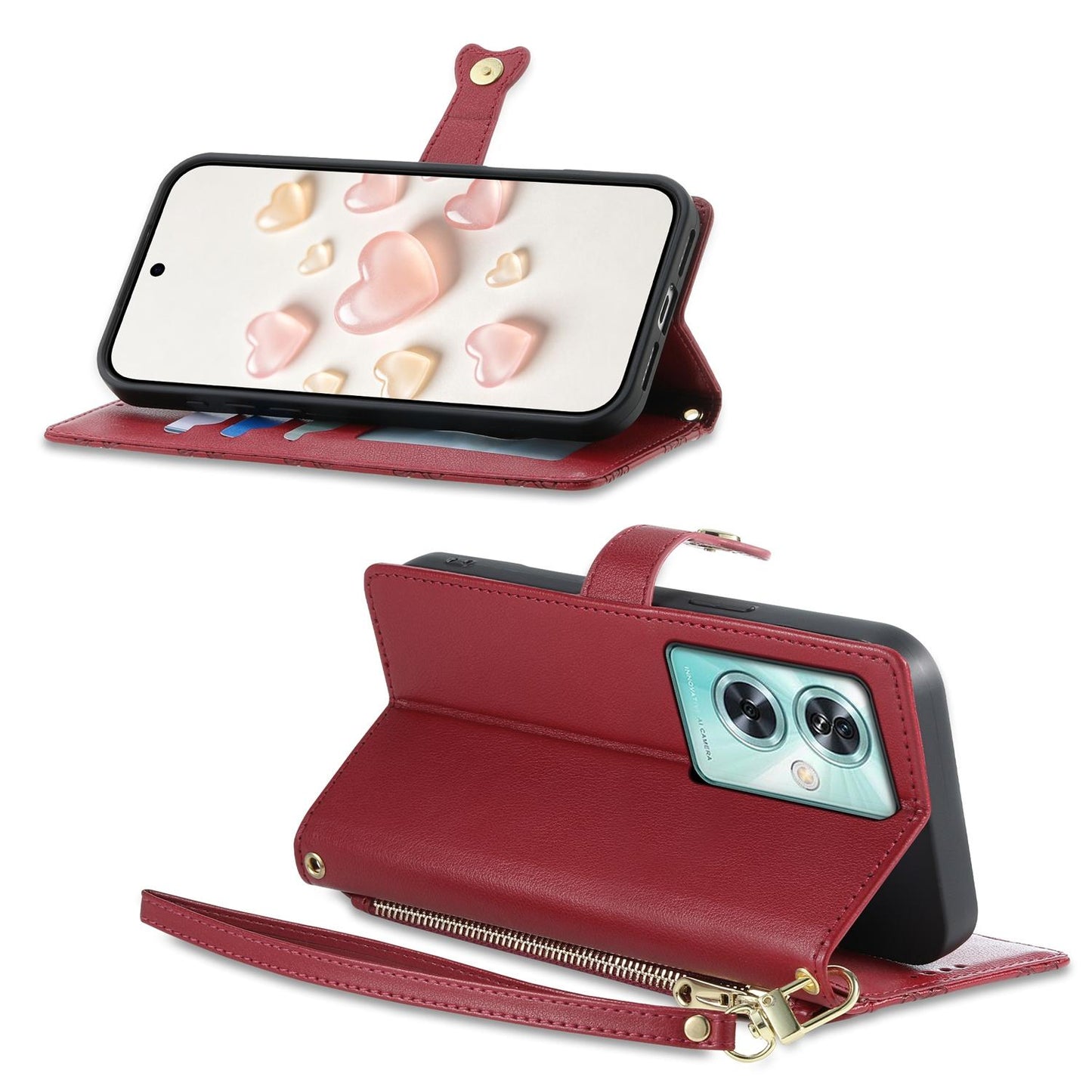 For OnePlus Nord N30 SE Zipper Wallet Heart Buckle Vegan Leather Phone Case with Wrist Strap(Red)