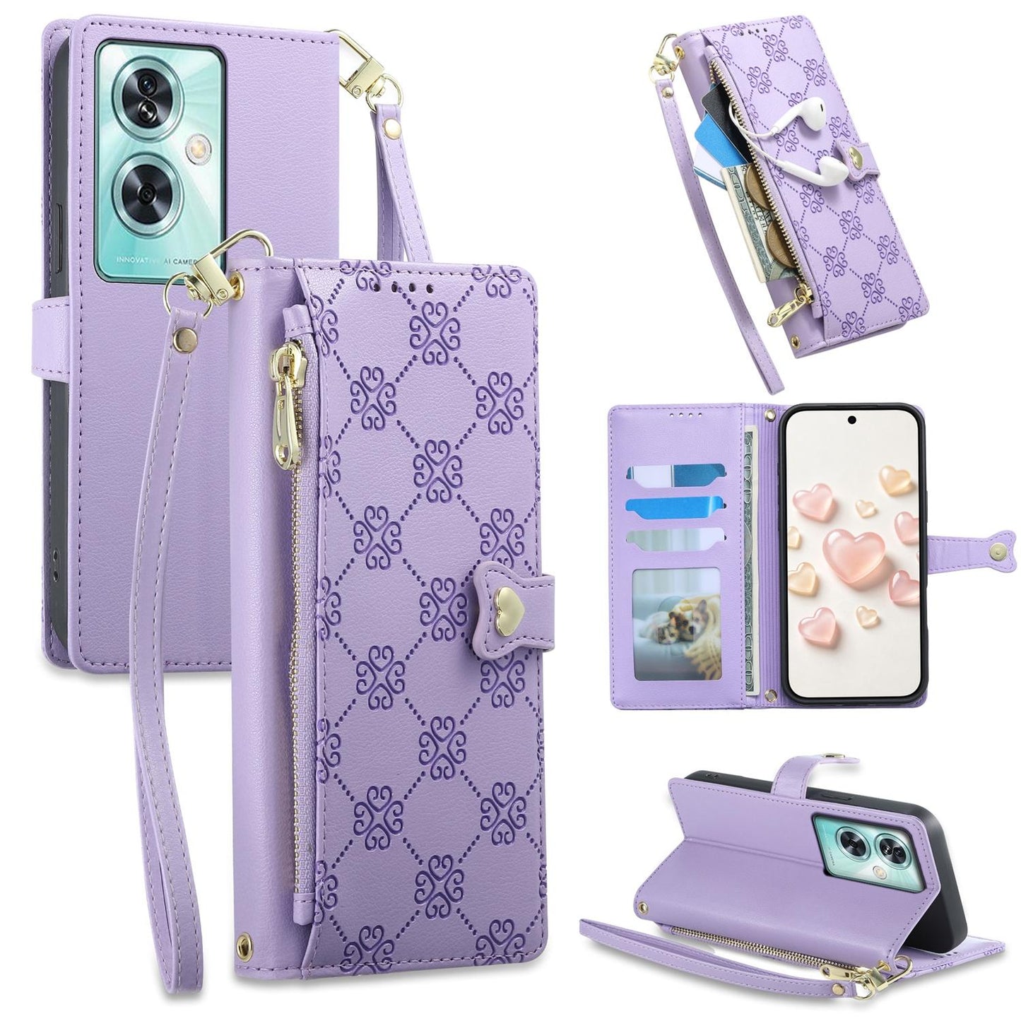 For OnePlus Nord N30 SE Zipper Wallet Heart Buckle Vegan Leather Phone Case with Wrist Strap(Purple)