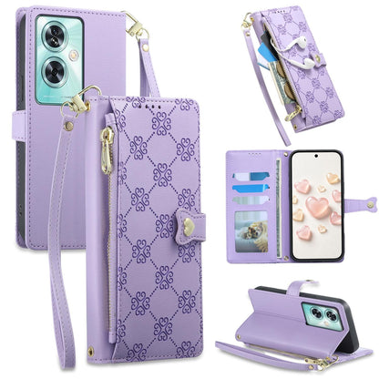 For OnePlus Nord N30 SE Zipper Wallet Heart Buckle Vegan Leather Phone Case with Wrist Strap(Purple)