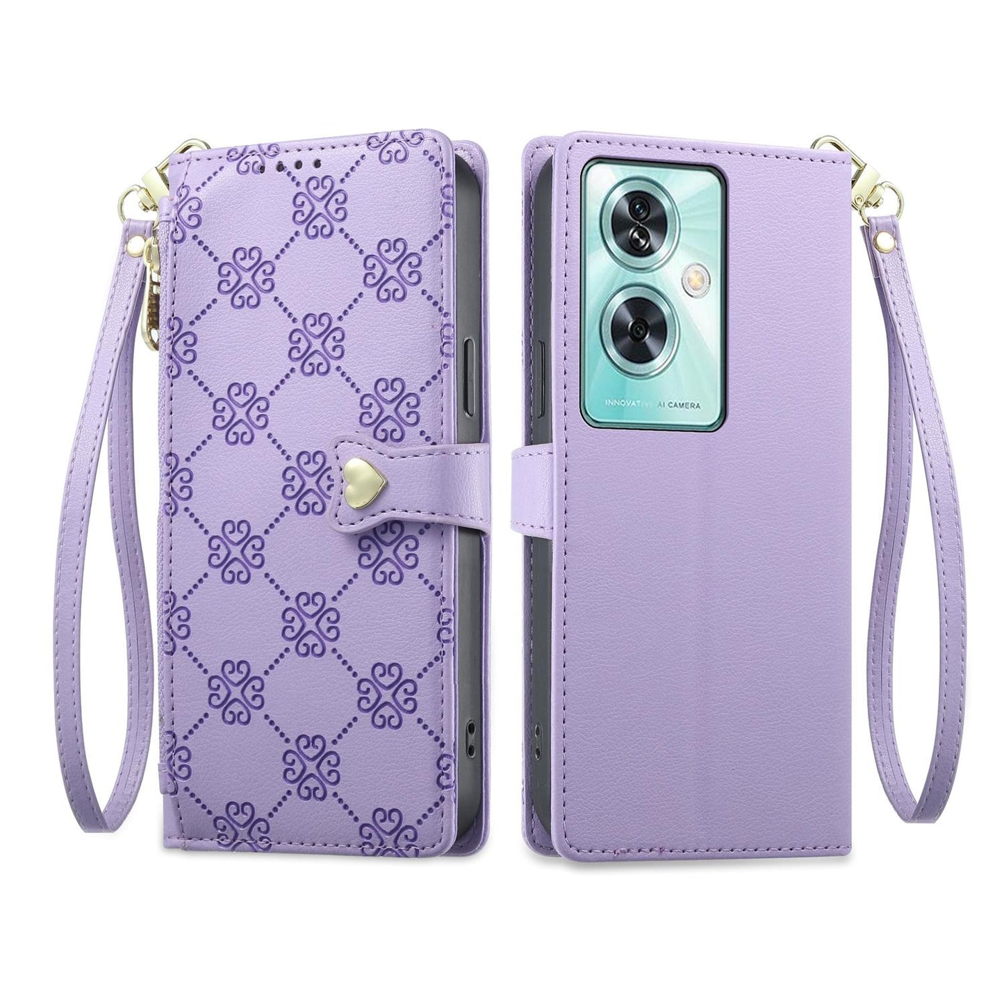 For OnePlus Nord N30 SE Zipper Wallet Heart Buckle Vegan Leather Phone Case with Wrist Strap(Purple)