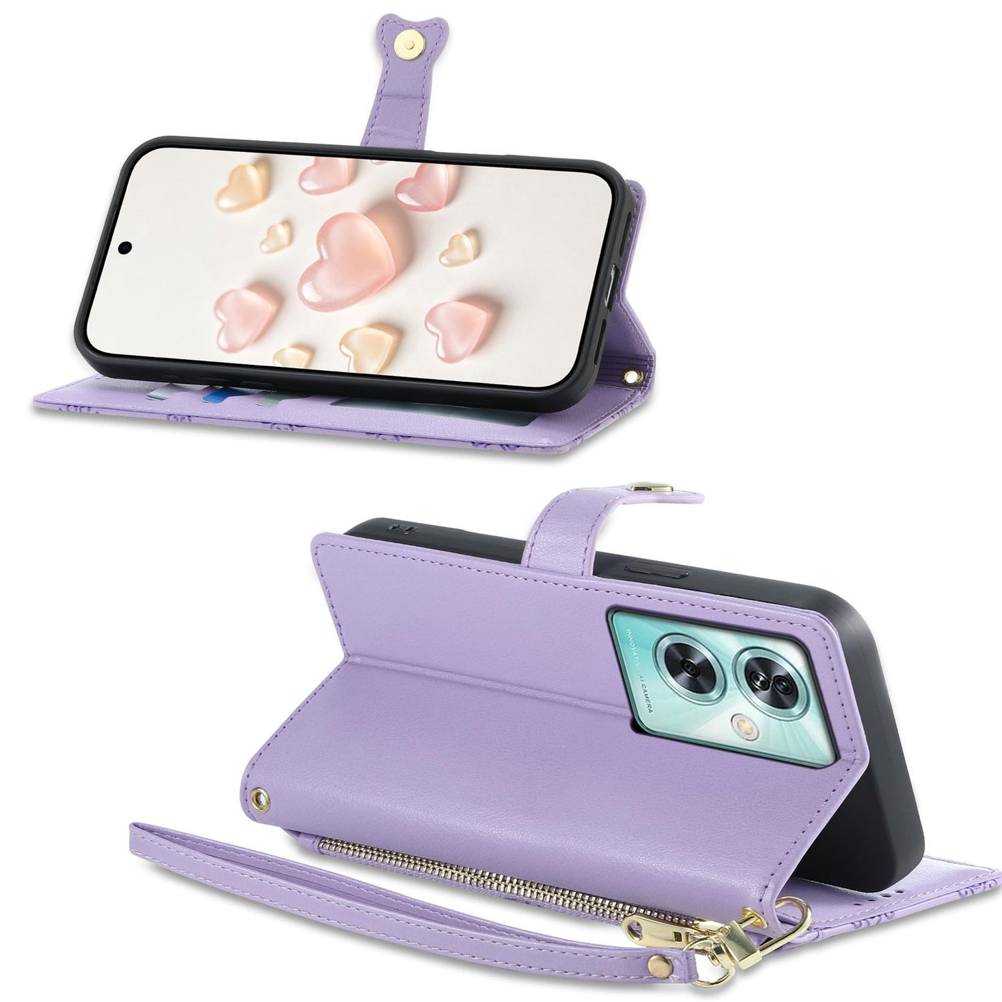 For OnePlus Nord N30 SE Zipper Wallet Heart Buckle Vegan Leather Phone Case with Wrist Strap(Purple)