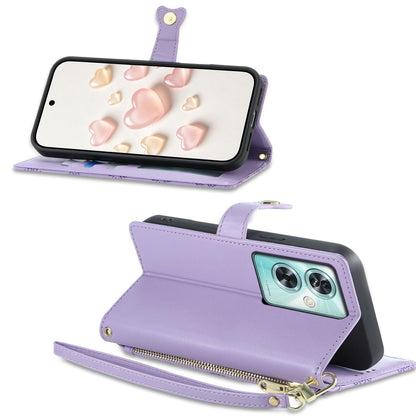 For OnePlus Nord N30 SE Zipper Wallet Heart Buckle Vegan Leather Phone Case with Wrist Strap(Purple)