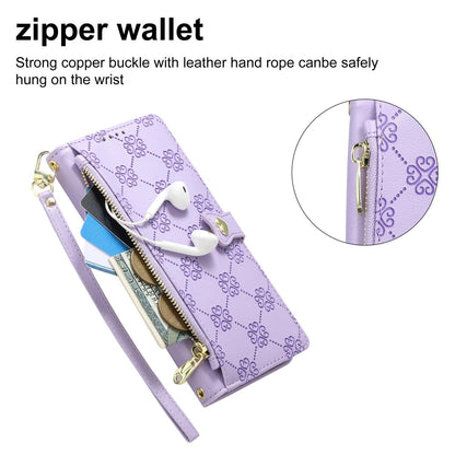 For OnePlus Nord N30 SE Zipper Wallet Heart Buckle Vegan Leather Phone Case with Wrist Strap(Purple)