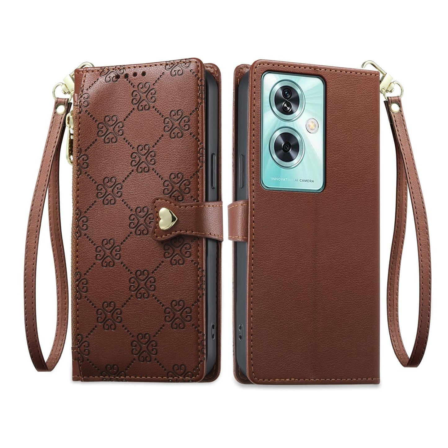 For OnePlus Nord N30 SE Zipper Wallet Heart Buckle Vegan Leather Phone Case with Wrist Strap(Brown)