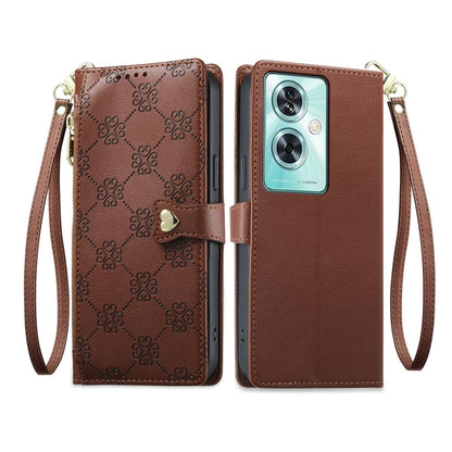 For OnePlus Nord N30 SE Zipper Wallet Heart Buckle Vegan Leather Phone Case with Wrist Strap(Brown)