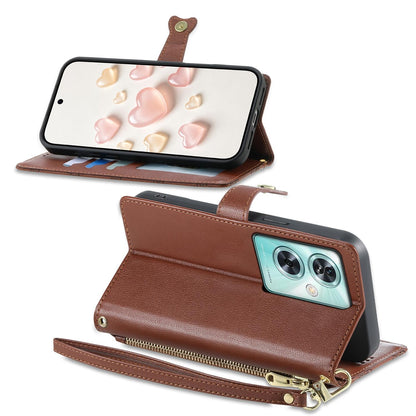 For OnePlus Nord N30 SE Zipper Wallet Heart Buckle Vegan Leather Phone Case with Wrist Strap(Brown)