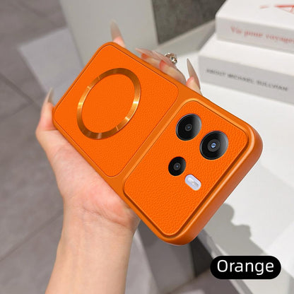For Redmi Note 14 5G Global Lambskin Series Magnetic Skin Feel Phone Case(Orange)