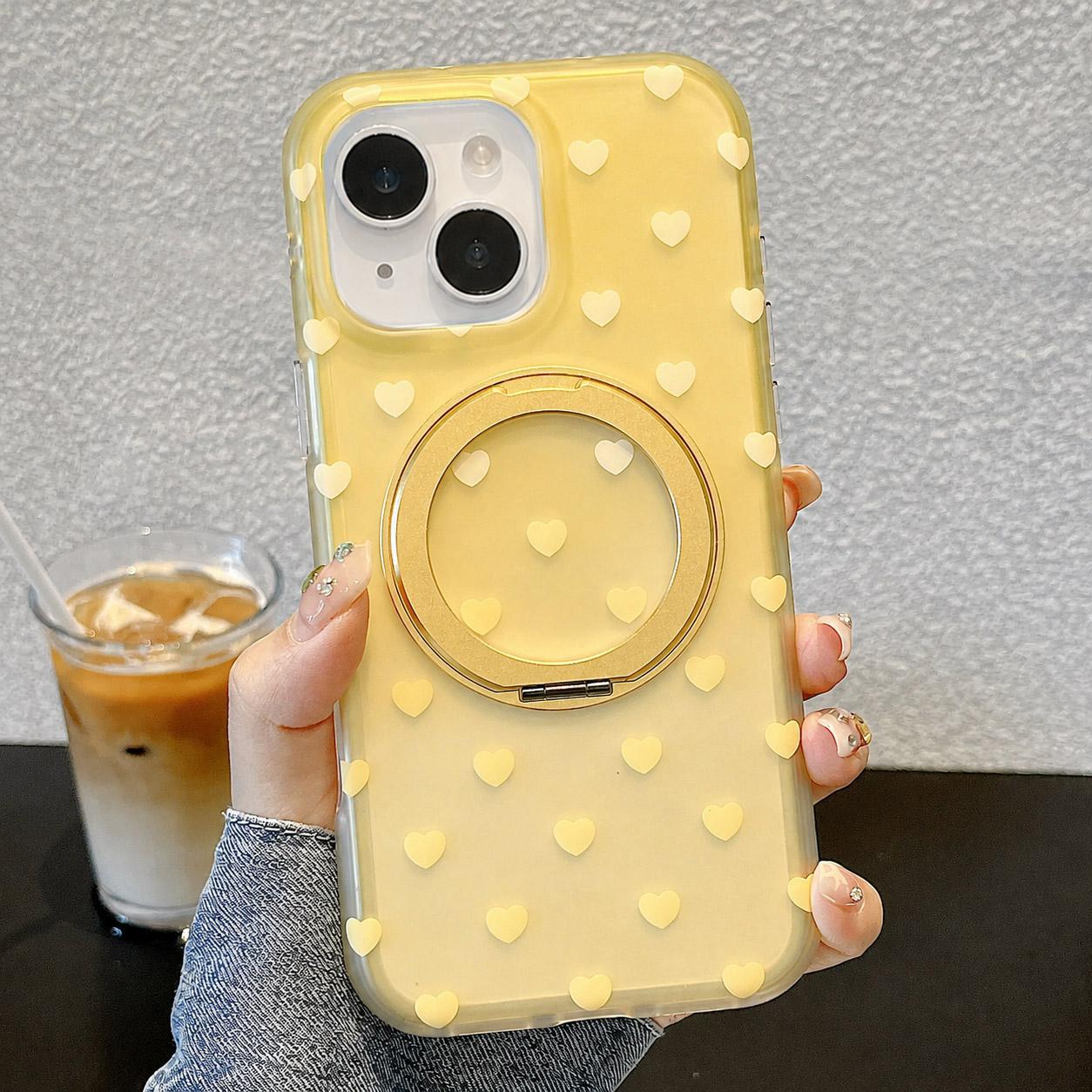 For iPhone 15 Double-sided Gradient Heart 360 Degree Magnetic Holder Phone Case(Yellow)