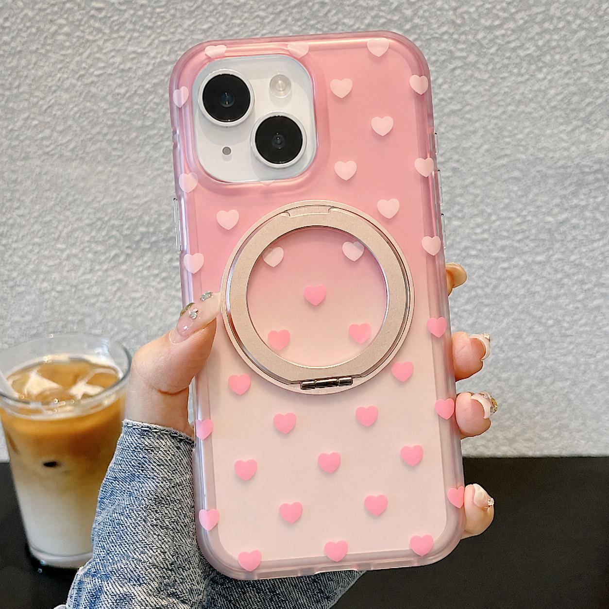 For iPhone 15 Double-sided Gradient Heart 360 Degree Magnetic Holder Phone Case(Pink)