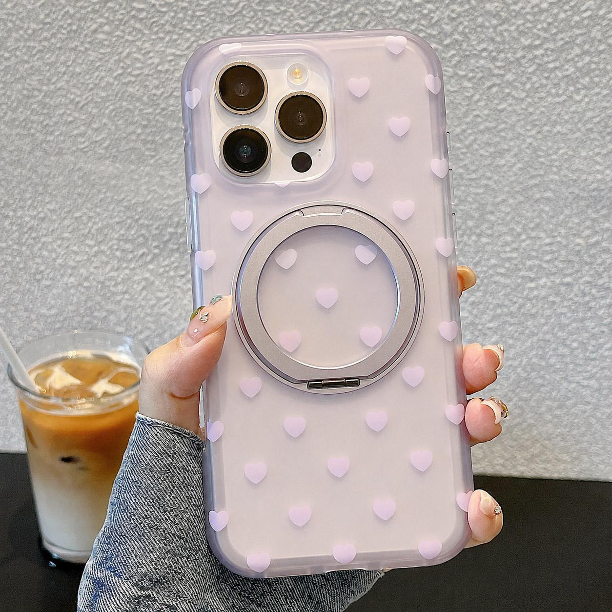 For iPhone 15 Pro Double-sided Gradient Heart 360 Degree Magnetic Holder Phone Case(Purple)