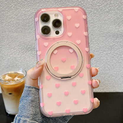 For iPhone 15 Pro Max Double-sided Gradient Heart 360 Degree Magnetic Holder Phone Case(Pink)