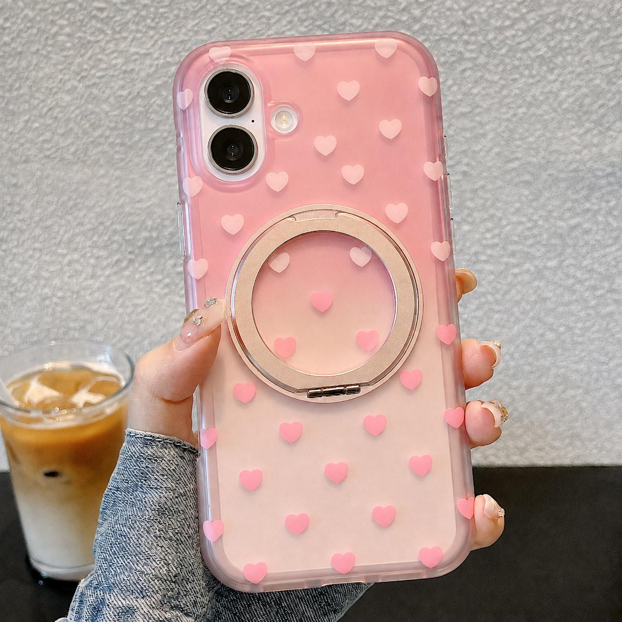For iPhone 17 Double-sided Gradient Heart 360 Degree Magnetic Holder Phone Case(Pink)
