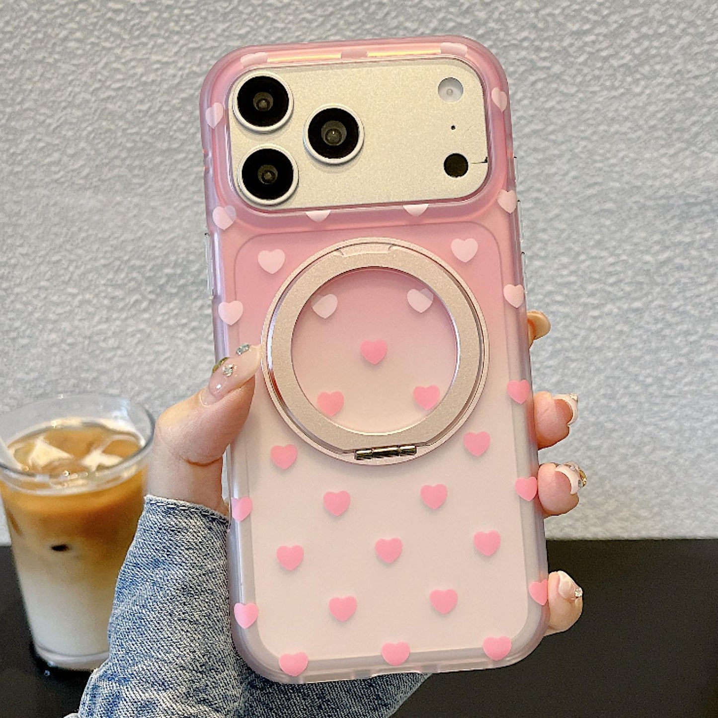 For iPhone 17 Pro Double-sided Gradient Heart 360 Degree Magnetic Holder Phone Case(Pink)