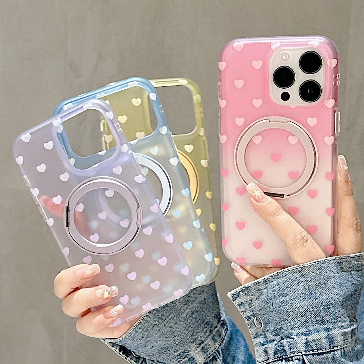 For iPhone 15 Double-sided Gradient Heart 360 Degree Magnetic Holder Phone Case(Pink)