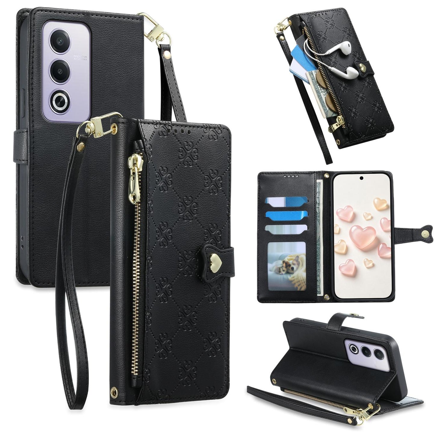 For OPPO A3 Pro 5G / A5 5G / A80 5G / K12x Zipper Wallet Heart Buckle Vegan Leather Phone Case with Wrist Strap(Black)