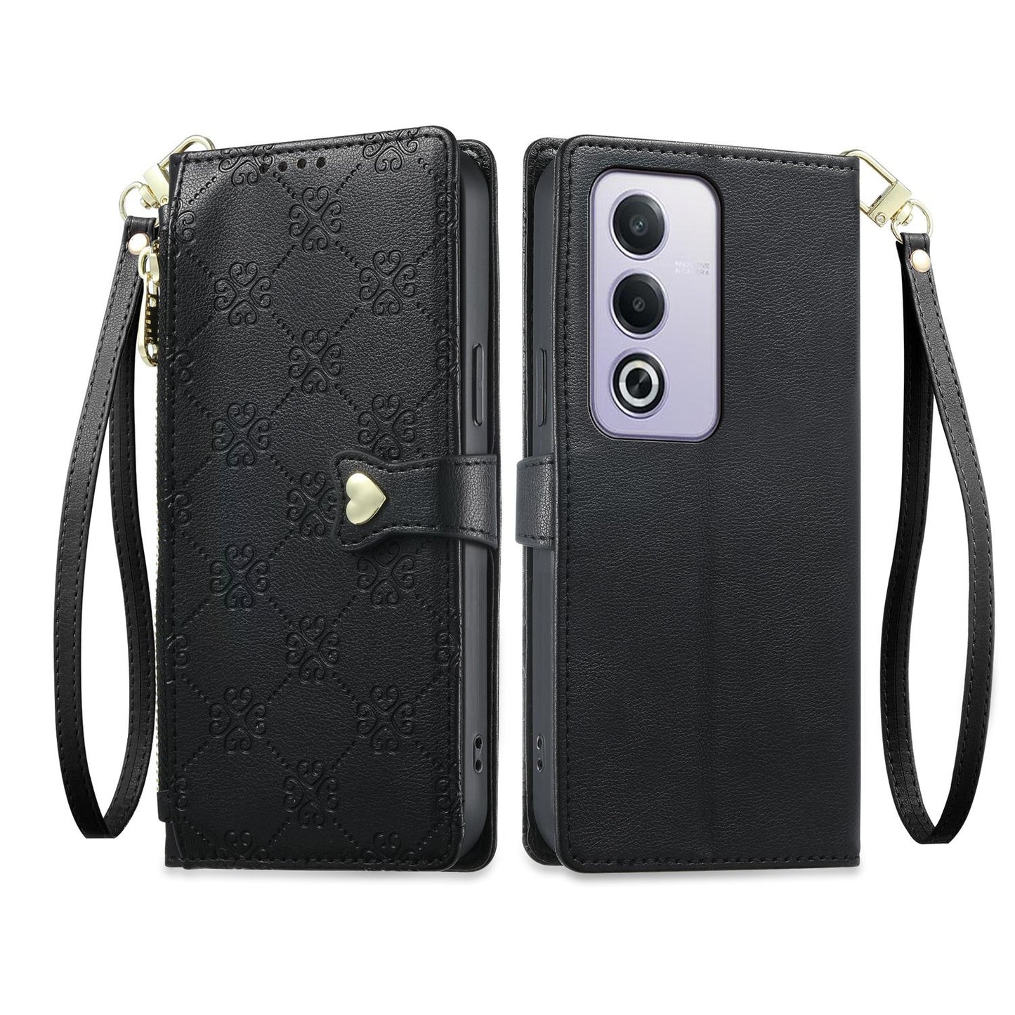 For OPPO A3 Pro 5G / A5 5G / A80 5G / K12x Zipper Wallet Heart Buckle Vegan Leather Phone Case with Wrist Strap(Black)
