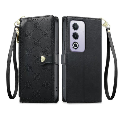 For OPPO A3 Pro 5G / A5 5G / A80 5G / K12x Zipper Wallet Heart Buckle Vegan Leather Phone Case with Wrist Strap(Black)