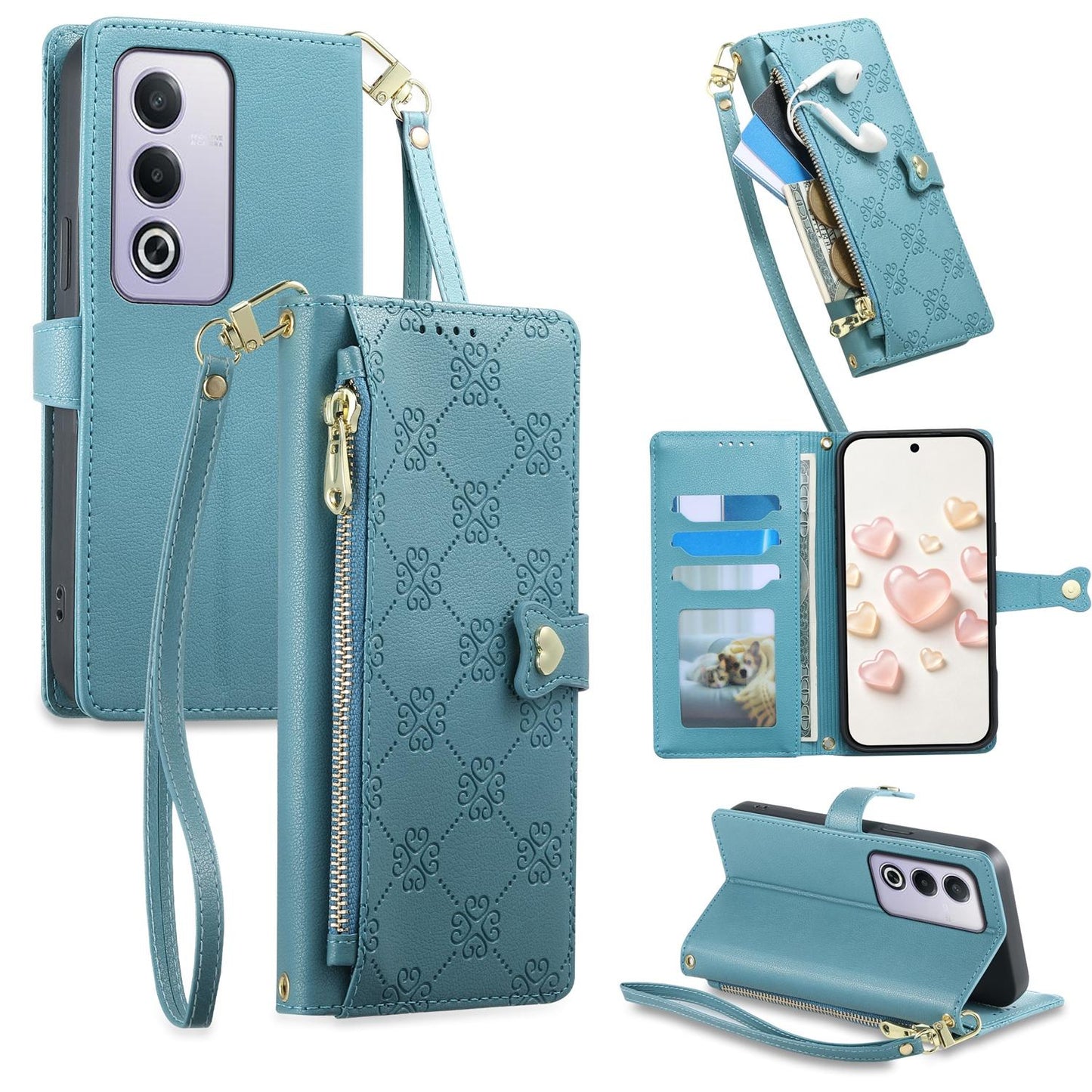For OPPO A3 Pro 5G / A5 5G / A80 5G / K12x Zipper Wallet Heart Buckle Vegan Leather Phone Case with Wrist Strap(Lake Blue)