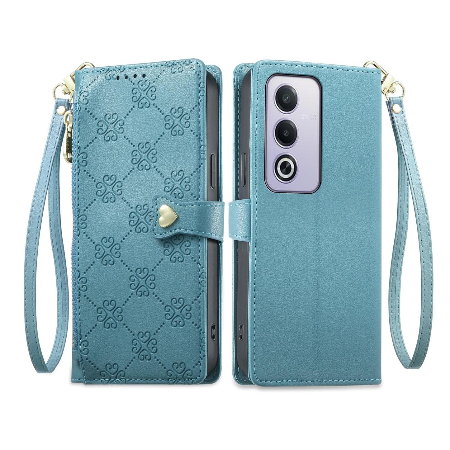 For OPPO A3 Pro 5G / A5 5G / A80 5G / K12x Zipper Wallet Heart Buckle Vegan Leather Phone Case with Wrist Strap(Lake Blue)