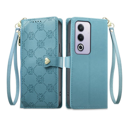 For OPPO A3 Pro 5G / A5 5G / A80 5G / K12x Zipper Wallet Heart Buckle Vegan Leather Phone Case with Wrist Strap(Lake Blue)