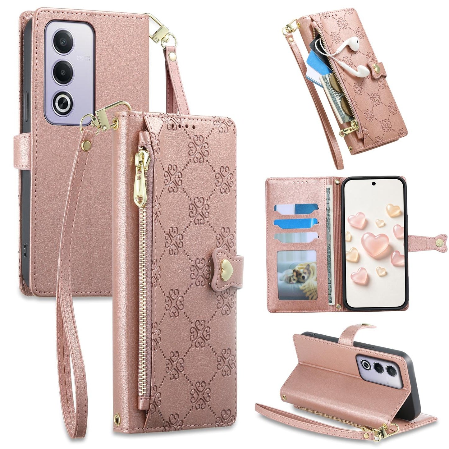 For OPPO A3 Pro 5G / A5 5G / A80 5G / K12x Zipper Wallet Heart Buckle Vegan Leather Phone Case with Wrist Strap(Pink)