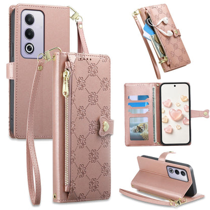 For OPPO A3 Pro 5G / A5 5G / A80 5G / K12x Zipper Wallet Heart Buckle Vegan Leather Phone Case with Wrist Strap(Pink)