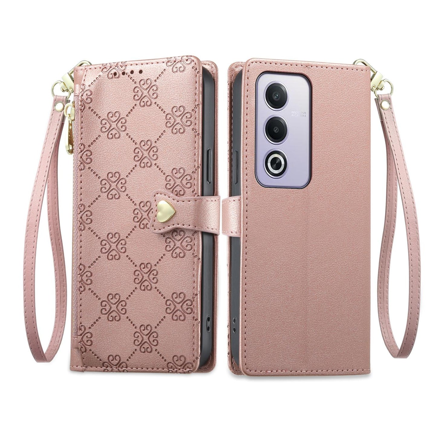 For OPPO A3 Pro 5G / A5 5G / A80 5G / K12x Zipper Wallet Heart Buckle Vegan Leather Phone Case with Wrist Strap(Pink)