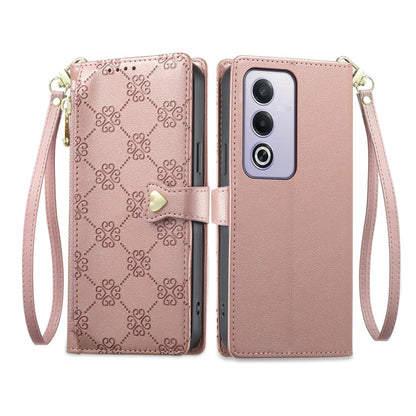 For OPPO A3 Pro 5G / A5 5G / A80 5G / K12x Zipper Wallet Heart Buckle Vegan Leather Phone Case with Wrist Strap(Pink)