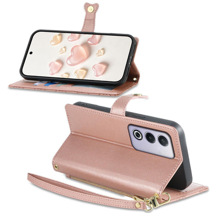 For OPPO A3 Pro 5G / A5 5G / A80 5G / K12x Zipper Wallet Heart Buckle Vegan Leather Phone Case with Wrist Strap(Pink)