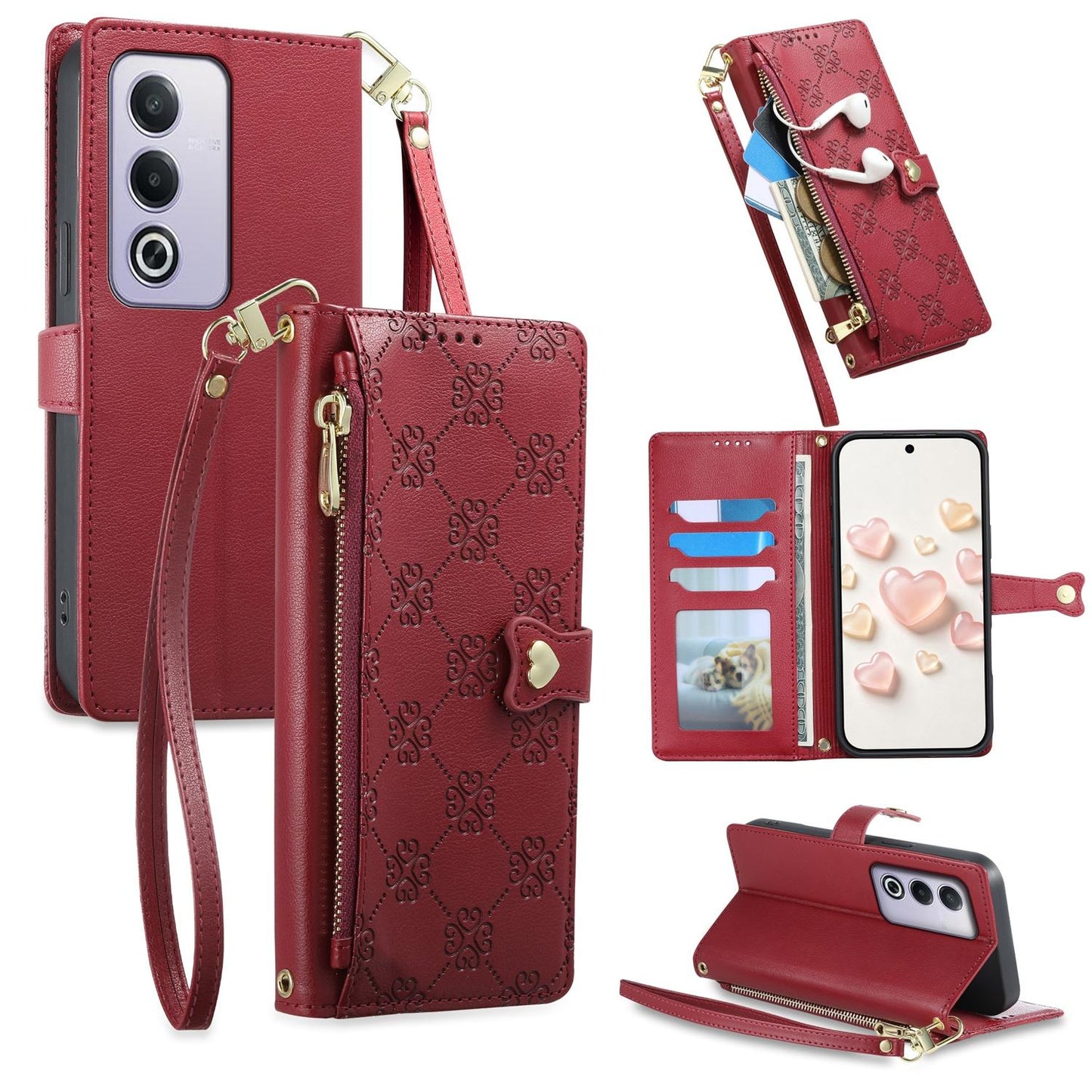 For OPPO A3 Pro 5G / A5 5G / A80 5G / K12x Zipper Wallet Heart Buckle Vegan Leather Phone Case with Wrist Strap(Red)