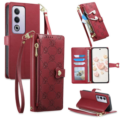For OPPO A3 Pro 5G / A5 5G / A80 5G / K12x Zipper Wallet Heart Buckle Vegan Leather Phone Case with Wrist Strap(Red)
