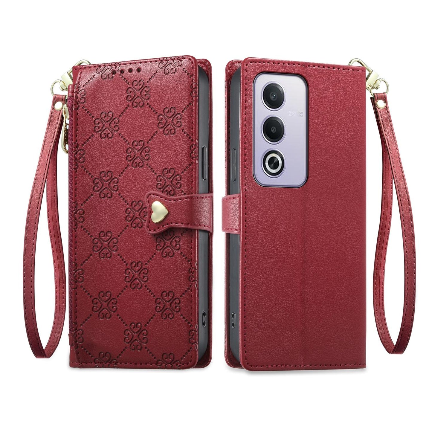 For OPPO A3 Pro 5G / A5 5G / A80 5G / K12x Zipper Wallet Heart Buckle Vegan Leather Phone Case with Wrist Strap(Red)