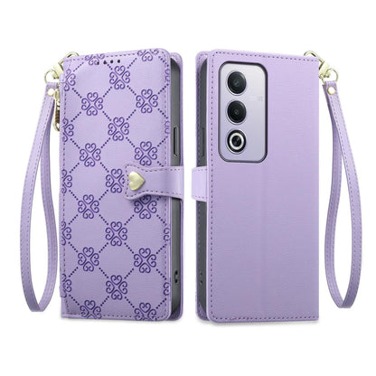 For OPPO A3 Pro 5G / A5 5G / A80 5G / K12x Zipper Wallet Heart Buckle Vegan Leather Phone Case with Wrist Strap(Purple)