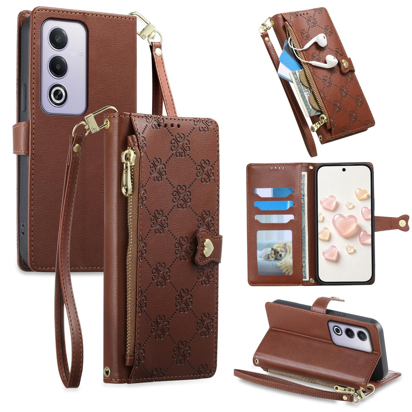 For OPPO A3 Pro 5G / A5 5G / A80 5G / K12x Zipper Wallet Heart Buckle Vegan Leather Phone Case with Wrist Strap(Brown)