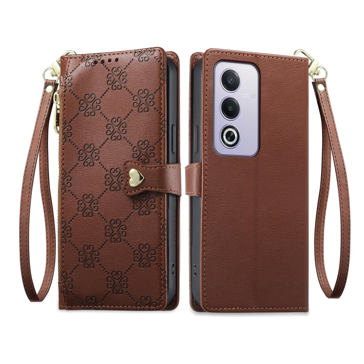 For OPPO A3 Pro 5G / A5 5G / A80 5G / K12x Zipper Wallet Heart Buckle Vegan Leather Phone Case with Wrist Strap(Brown)