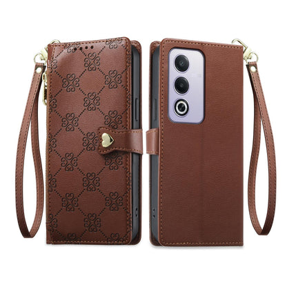 For OPPO A3 Pro 5G / A5 5G / A80 5G / K12x Zipper Wallet Heart Buckle Vegan Leather Phone Case with Wrist Strap(Brown)