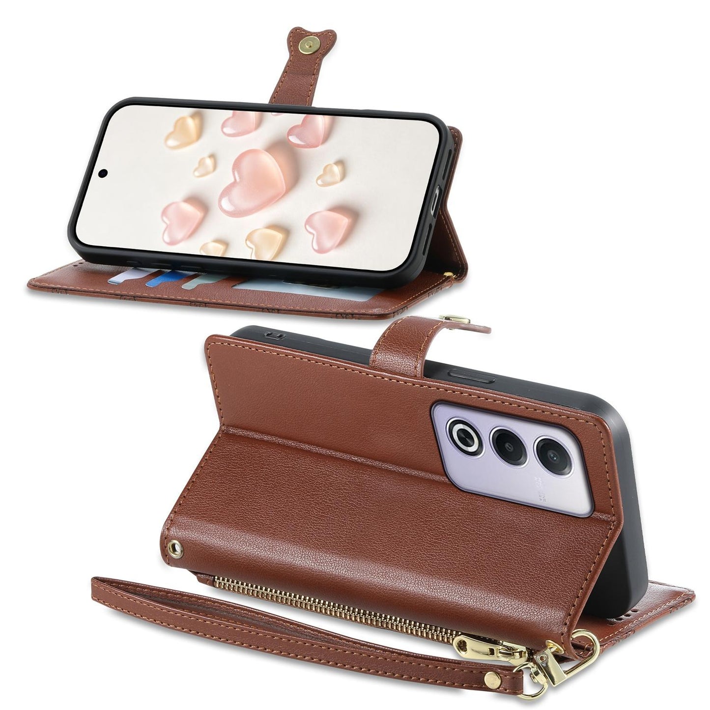 For OPPO A3 Pro 5G / A5 5G / A80 5G / K12x Zipper Wallet Heart Buckle Vegan Leather Phone Case with Wrist Strap(Brown)