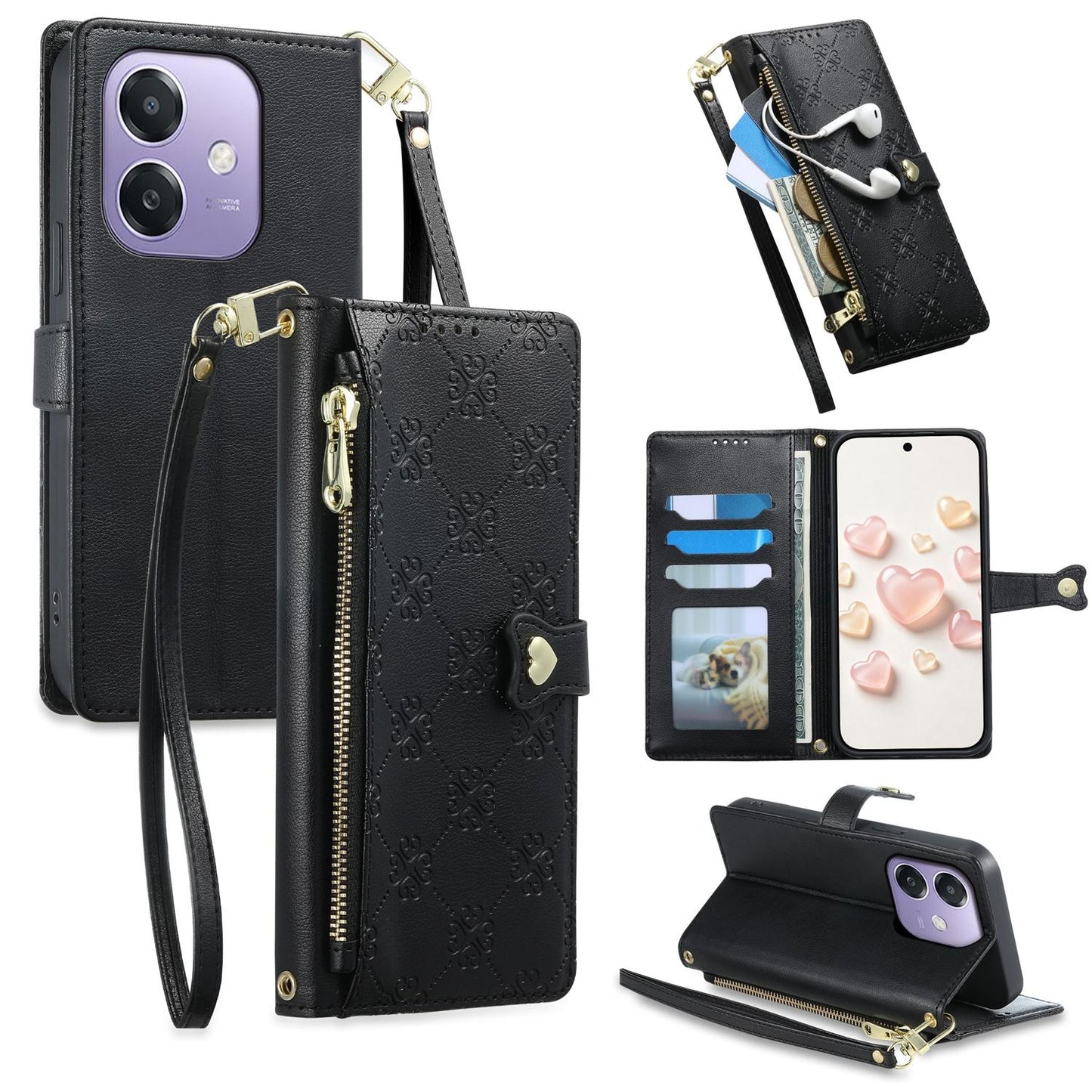 For OPPO A3 / A3x / A5x / A60 5G Zipper Wallet Heart Buckle Vegan Leather Phone Case with Wrist Strap(Black)