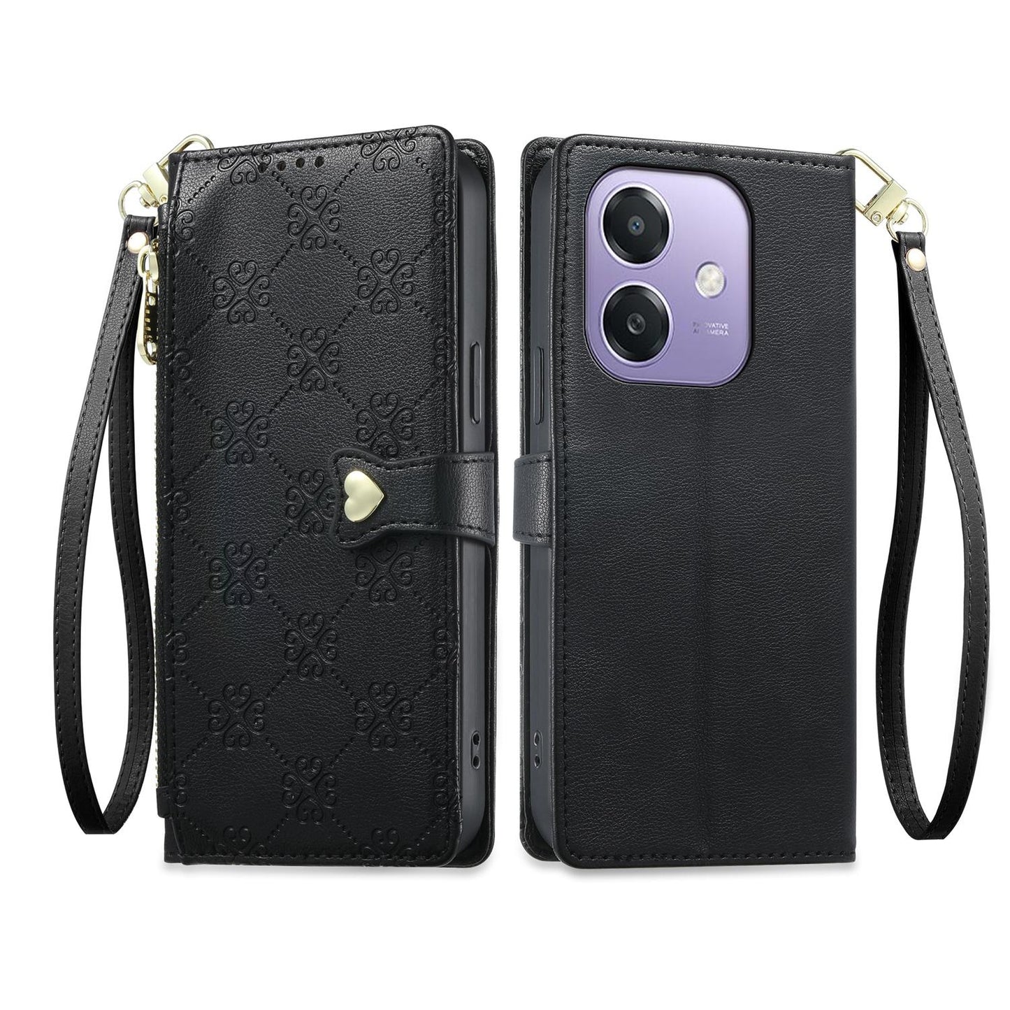 For OPPO A3 / A3x / A5x / A60 5G Zipper Wallet Heart Buckle Vegan Leather Phone Case with Wrist Strap(Black)