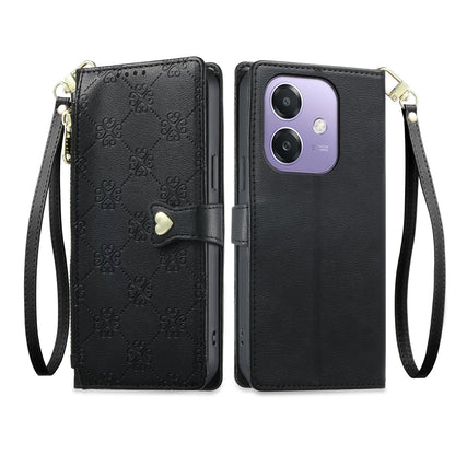 For OPPO A3 / A3x / A5x / A60 5G Zipper Wallet Heart Buckle Vegan Leather Phone Case with Wrist Strap(Black)